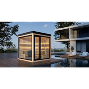 AWT THE CUBE X5-L Hemlock 235x235 Gartensauna mit Holzverkleidung neben modernem Pool