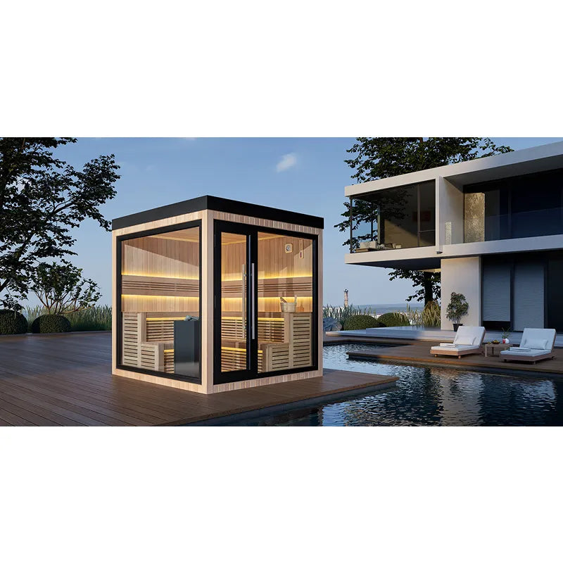 AWT THE CUBE X5-L Hemlock 235x235 Gartensauna mit Holzverkleidung neben modernem Pool