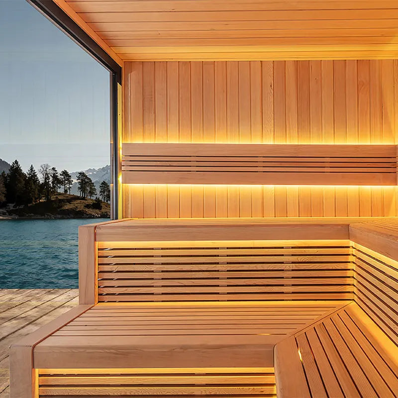 AWT THE CUBE X5-L Hemlock 235x235 Gartensauna mit LED-Beleuchtung am See, Holzinnenraum mit Bänken