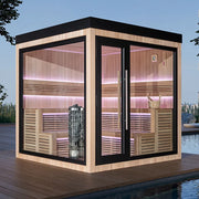 AWT THE CUBE X5-L Hemlock 235x235 Gartensauna Innenraum mit Holzbänken und LED-Beleuchtung