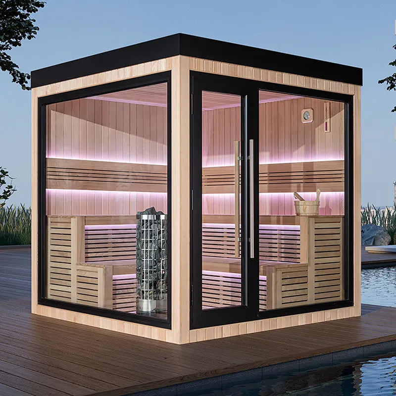 AWT THE CUBE X5-L Hemlock 235x235 Gartensauna Innenraum mit Holzbänken und LED-Beleuchtung