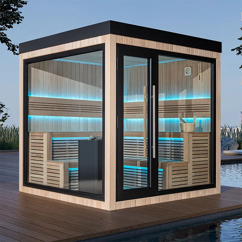 AWT THE CUBE X5-L Hemlock 235x235 Gartensauna mit LED-Beleuchtung am See, Holzinnenraum mit Bänken