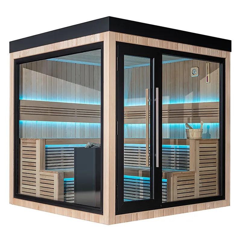 AWT THE CUBE X5-L Hemlock 235x235 Gartensauna Innenraum mit Holzbänken und rosa LED-Beleuchtung
