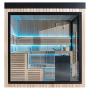 AWT THE CUBE X5-L Hemlock 235x235 Gartensauna mit Glastüren, Holzbänken und LED-Beleuchtung auf Holzterrasse
