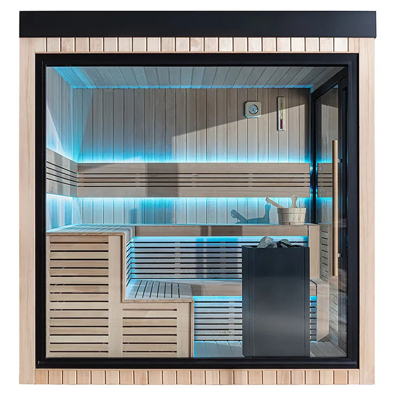 AWT THE CUBE X5-L Hemlock 235x235 Gartensauna mit Glastüren, Holzbänken und LED-Beleuchtung auf Holzterrasse