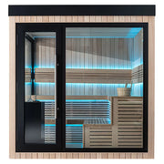 AWT THE CUBE X5-L Hemlock 235x235 Gartensauna mit Hemlock-Holz, schwarzem Dach und LED-Beleuchtung auf Holzterrasse