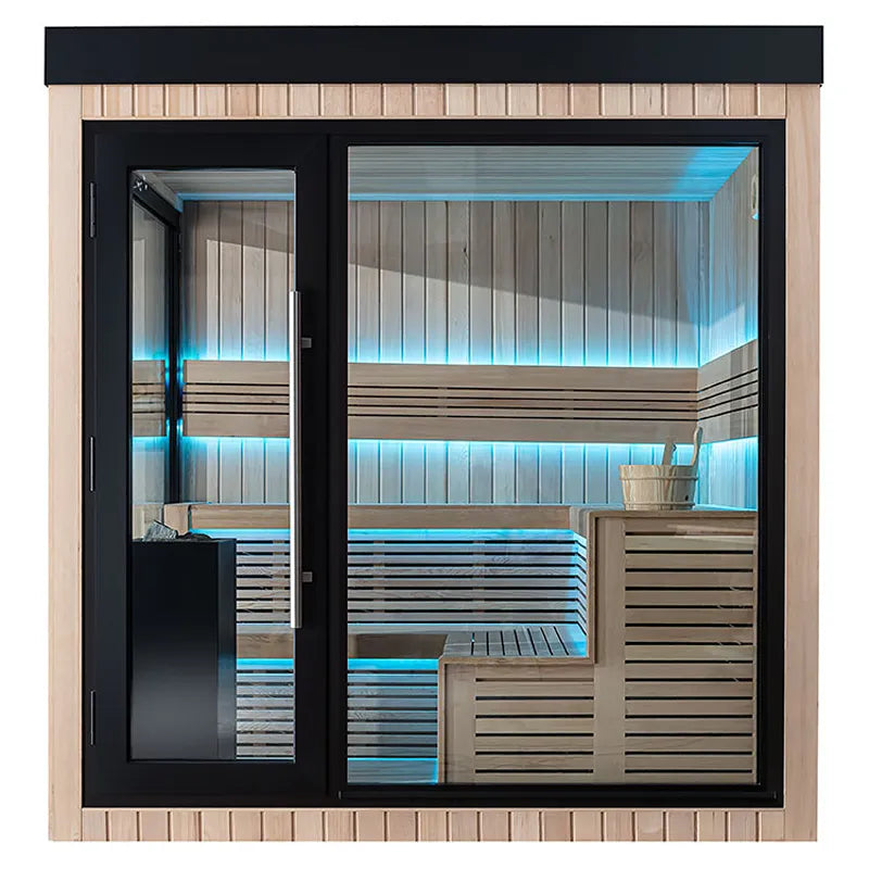 AWT THE CUBE X5-L Hemlock 235x235 Gartensauna mit Hemlock-Holz, schwarzem Dach und LED-Beleuchtung auf Holzterrasse