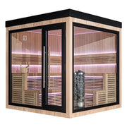 AWT THE CUBE X5-R Hemlock 235x235 Gartensauna mit LED-Beleuchtung auf Holzterrasse neben Pool