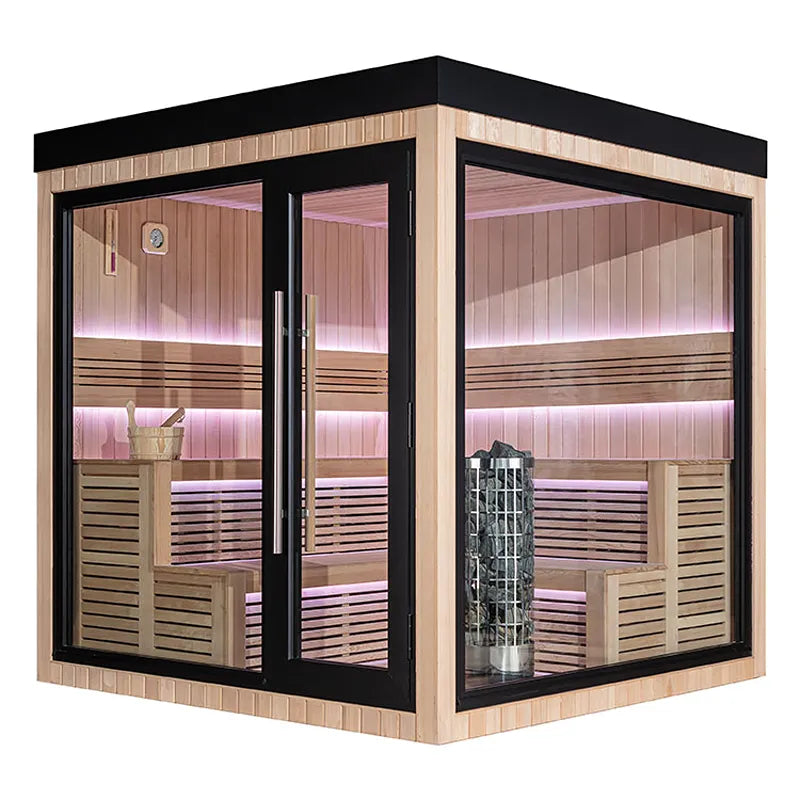 AWT THE CUBE X5-R Hemlock 235x235 Gartensauna mit LED-Beleuchtung auf Holzterrasse neben Pool