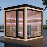 AWT THE CUBE X5-R Hemlock 235x235 Gartensauna mit Holzverkleidung, großen Glastüren und LED-Beleuchtung