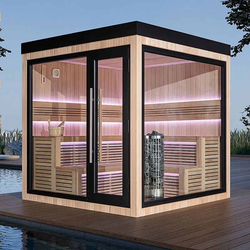 AWT THE CUBE X5-R Hemlock 235x235 Gartensauna mit Holzverkleidung, großen Glastüren und LED-Beleuchtung