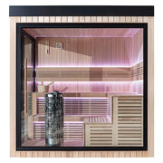 AWT THE CUBE X5-R Hemlock 235x235 Gartensauna Innenraum mit LED-Beleuchtung, Holzbänken und Saunaofen