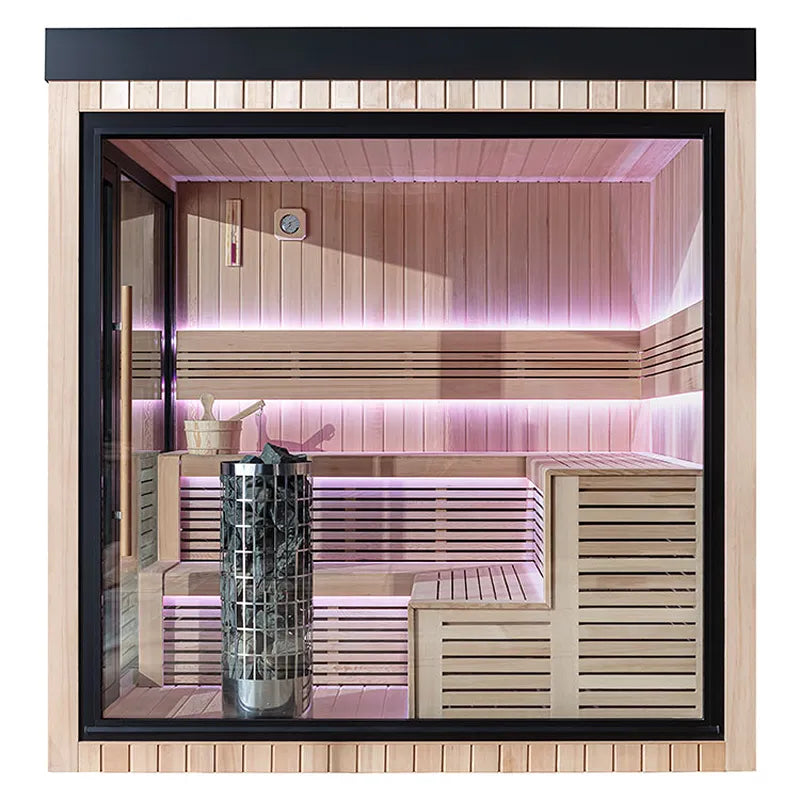 AWT THE CUBE X5-R Hemlock 235x235 Gartensauna Innenraum mit LED-Beleuchtung, Holzbänken und Saunaofen