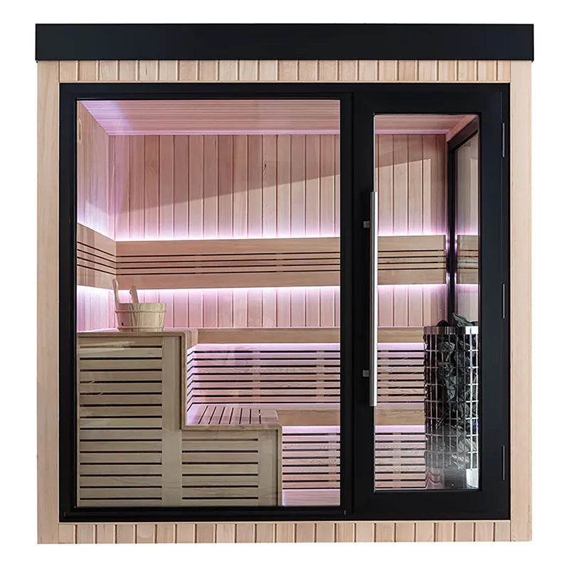 AWT THE CUBE X5-R Hemlock 235x235 Gartensauna mit LED-Beleuchtung und Glastüren