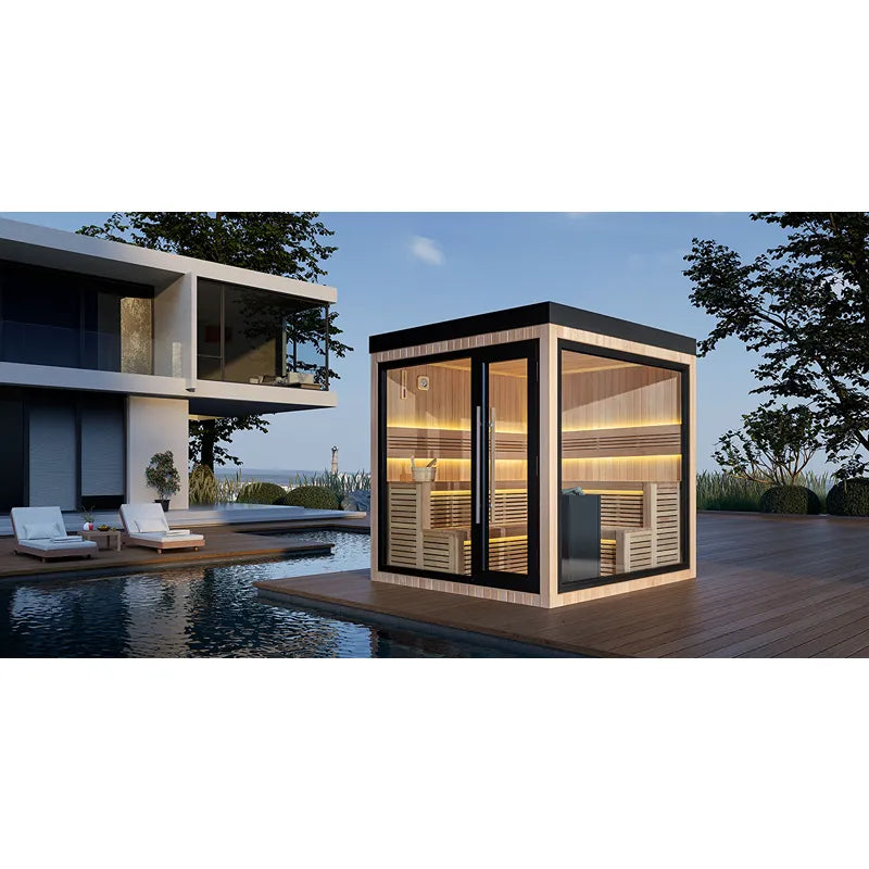 AWT THE CUBE X5-R Hemlock 235x235 Gartensauna mit schwarzem Rahmen auf Holzterrasse neben Pool