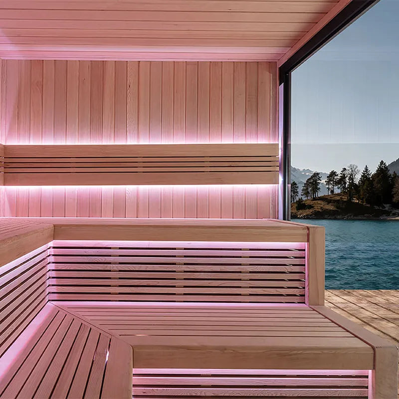 AWT THE CUBE X5-R Hemlock 235x235 Gartensauna Innenraum mit Holzbänken und LED-Beleuchtung