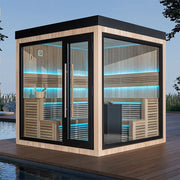 AWT THE CUBE X5-R Hemlock 235x235 Gartensauna Innenraum mit Holzbänken und LED-Beleuchtung