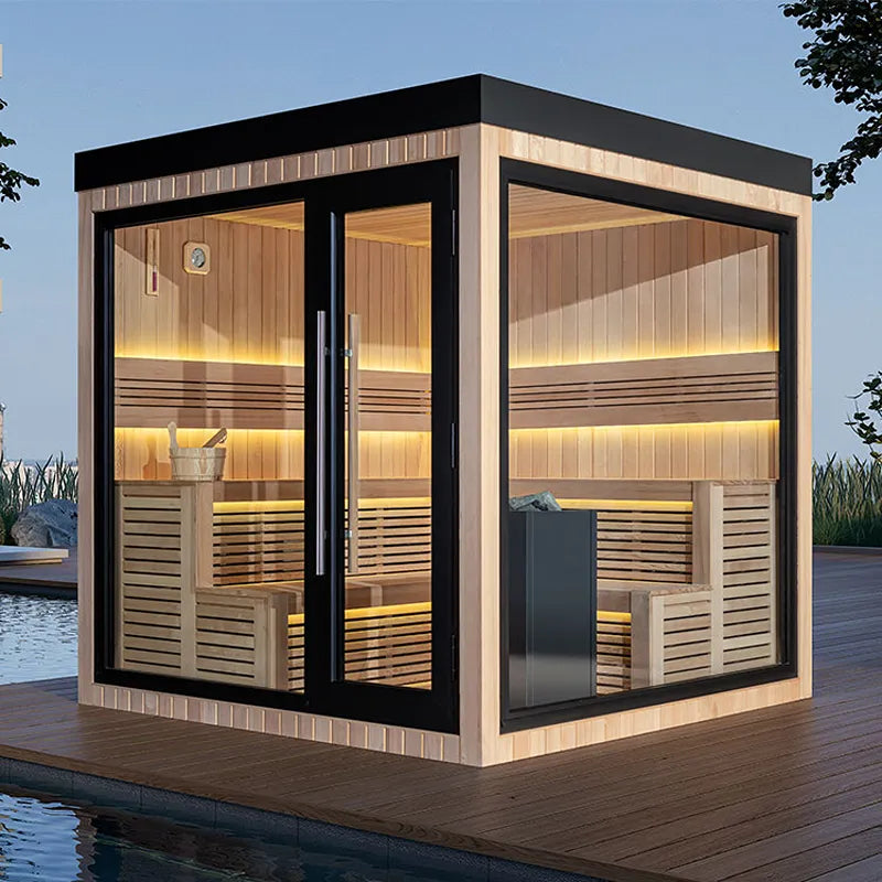 AWT THE CUBE X5-R Hemlock 235x235 Gartensauna Innenraum mit LED-Beleuchtung und Holzbänken Seesicht