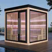 AWT THE CUBE X5-R Hemlock 235x235 Gartensauna Innenraum mit Holzbänken und rosa LED-Beleuchtung