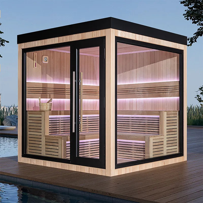 AWT THE CUBE X5-R Hemlock 235x235 Gartensauna Innenraum mit Holzbänken und rosa LED-Beleuchtung