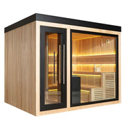 AWT THE CUBE X6 Hemlock 300x235 Gartensauna mit Holzverkleidung, beleuchteter Innenraum und Holzbänken auf Terrasse