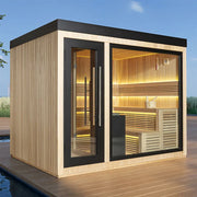 AWT THE CUBE X6 Hemlock 300x235 Gartensauna mit Holzverkleidung, beleuchteter Innenraum und Holzbänken