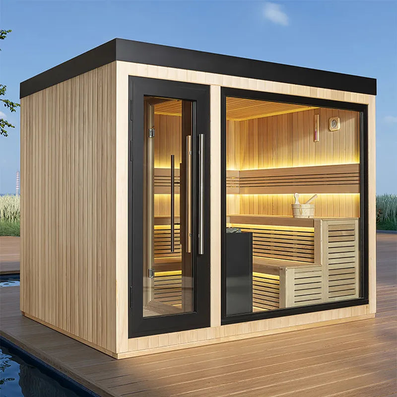 AWT THE CUBE X6 Hemlock 300x235 Gartensauna mit Holzverkleidung, beleuchteter Innenraum und Holzbänken