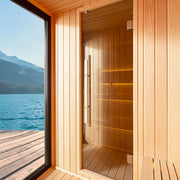 AWT THE CUBE X6 Hemlock 300x235 Gartensauna mit Glasfront, Holzinnenraum und Seeblick