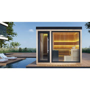 AWT THE CUBE X6 Hemlock 300x235 Gartensauna mit Holzverkleidung, Glastür und beleuchteten Holzbänken im Poolbereich