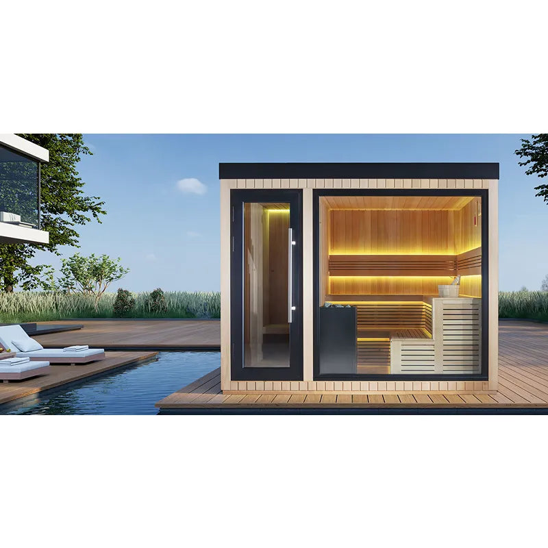 AWT THE CUBE X6 Hemlock 300x235 Gartensauna mit Holzverkleidung, Glastür und beleuchteten Holzbänken im Poolbereich