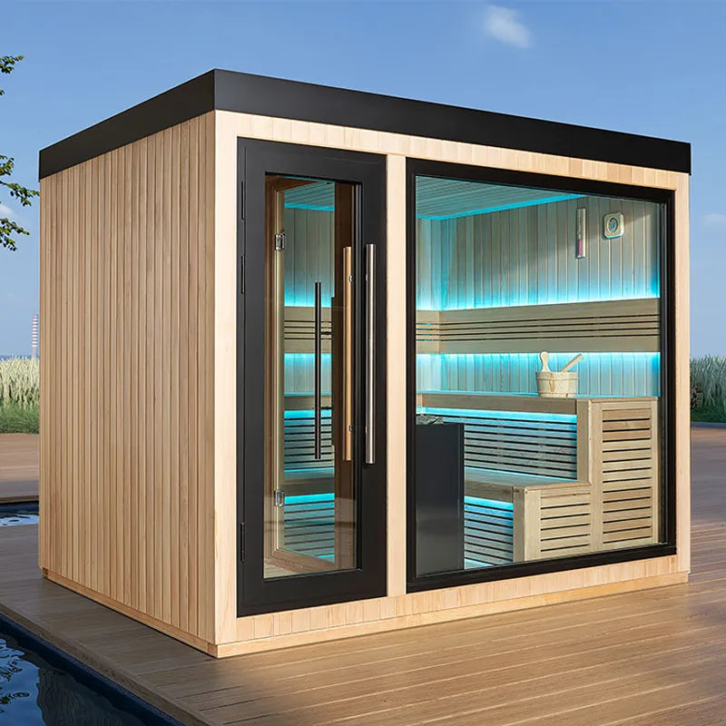 AWT THE CUBE X6 Hemlock 300x235 Gartensauna Innenraum mit LED-Beleuchtung und Holzbänken