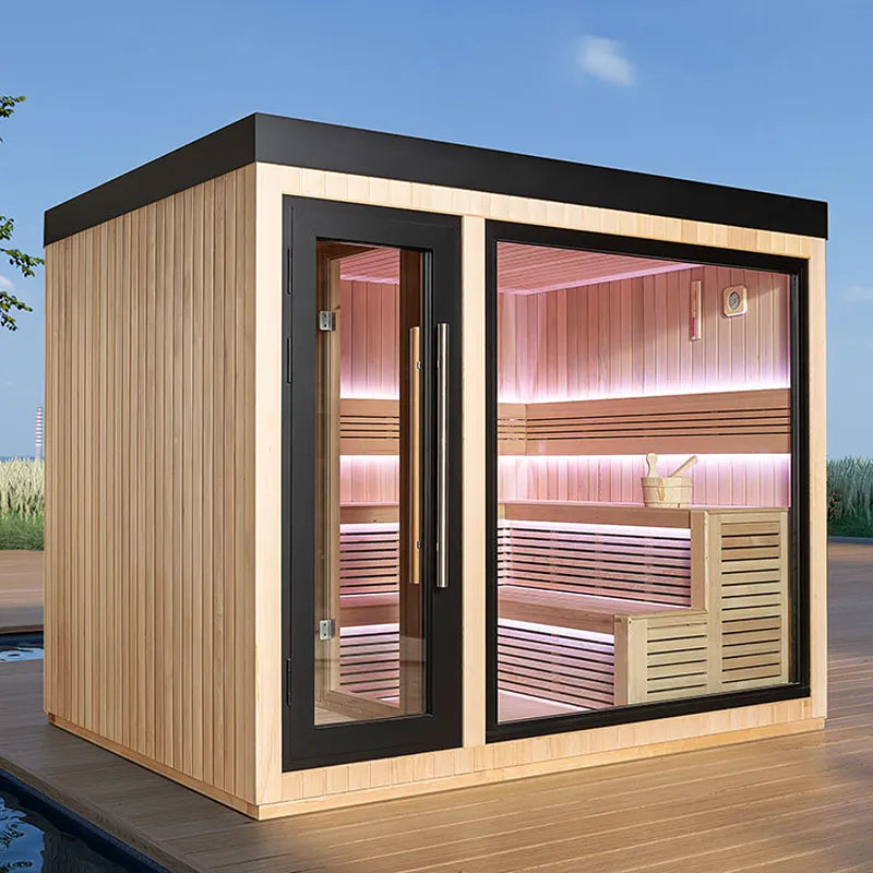 AWT THE CUBE X6 Hemlock 300x235 Gartensauna Innenraum mit LED-Beleuchtung und Holzbänken