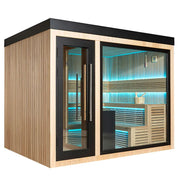AWT THE CUBE X6 Hemlock 300x235 Gartensauna Innenraum mit Holzbänken und LED-Beleuchtung