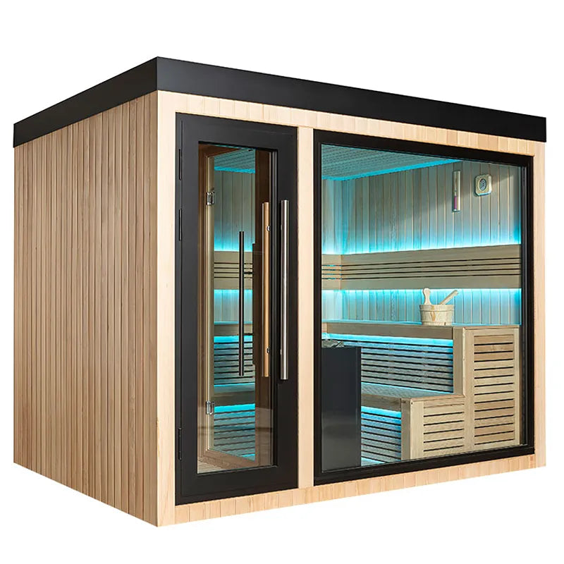 AWT THE CUBE X6 Hemlock 300x235 Gartensauna Innenraum mit Holzbänken und LED-Beleuchtung