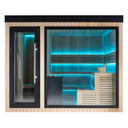 AWT THE CUBE X6 Hemlock 300x235 Gartensauna mit Glastüren auf Terrasse, Holzinnenraum und LED-Beleuchtung