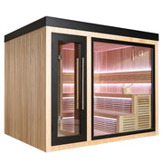 AWT THE CUBE X6 Hemlock 300x235 Gartensauna mit Holzverkleidung, großen Glasfronten und Infrarotheizung auf Terrasse
