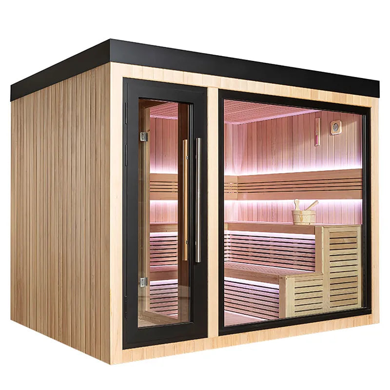AWT THE CUBE X6 Hemlock 300x235 Gartensauna mit Holzverkleidung, großen Glasfronten und Infrarotheizung auf Terrasse