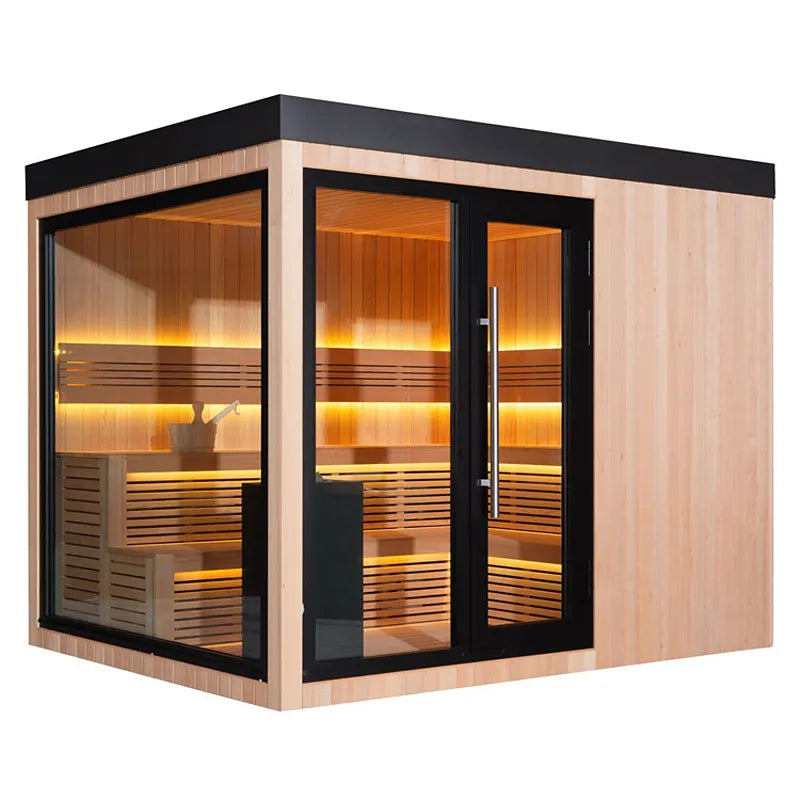 AWT THE CUBE X7-L pro Hemlock 300x635 Gartensauna mit Hemlock-Holz, schwarzer Pergola und Saunaofen am Pool