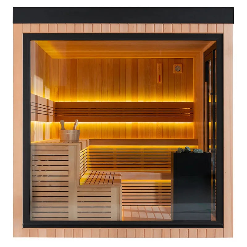 AWT THE CUBE X7-L pro Hemlock 300x635 Gartensauna Innenraum mit Holzbänken und LED-Beleuchtung