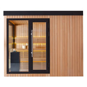 AWT THE CUBE X7-L pro Hemlock 300x635 Gartensauna mit schwarzem Rahmen, Holzinnenraum, Glastüren und Holzbank