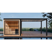 AWT THE CUBE X7-L pro Hemlock 300x635 Gartensauna mit Holzverkleidung, Pergola und Panoramafenster am Pool