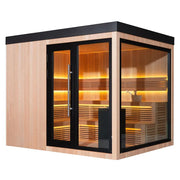AWT THE CUBE X7-R pro Hemlock 300x635 Gartensauna mit Hemlock-Holz und schwarzem Rahmen an Poolanlage