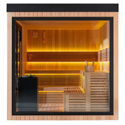 AWT THE CUBE X7-R pro Hemlock 300x635 Gartensauna Innenraum mit Holzbänken und LED-Beleuchtung
