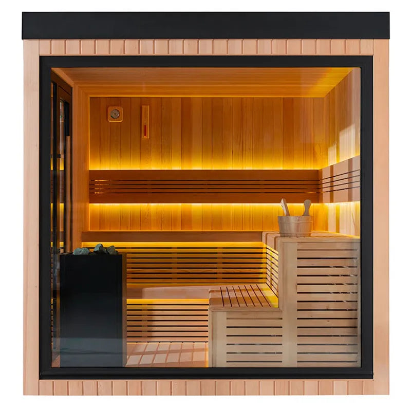 AWT THE CUBE X7-R pro Hemlock 300x635 Gartensauna Innenraum mit Holzbänken und LED-Beleuchtung