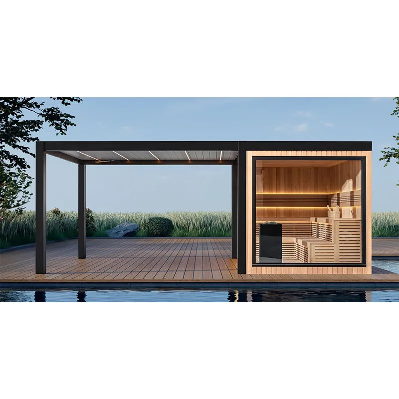 AWT THE CUBE X7-R pro Hemlock 300x635 Gartensauna mit Pergola am Pool