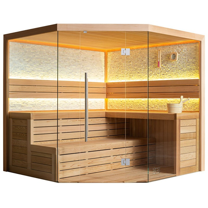 AWT E1601A Design Sauna aus roter Zeder mit großzügigen Sitzbänken, Glasfront und warmem Lichtkonzept