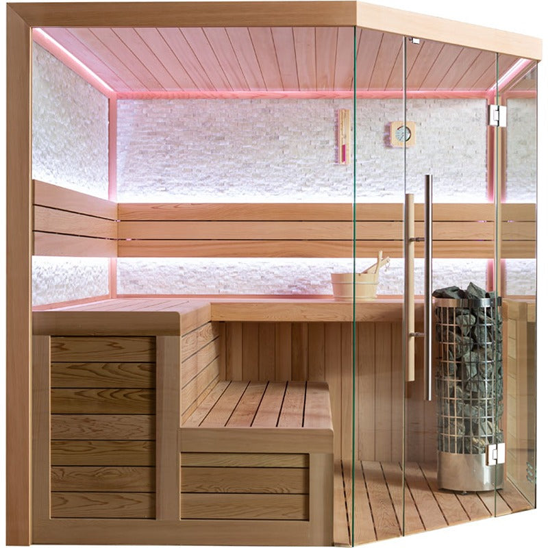Innenansicht der AWT E1601A Sauna aus roter Zeder mit Holzbank, Saunaofen und stimmungsvoller LED-Beleuchtung