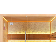 Detailansicht der LED-Beleuchtung in der AWT E1601A Sauna aus roter Zeder mit Natursteinwand
