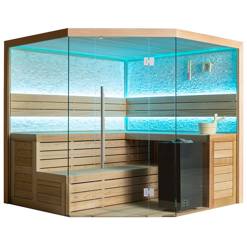 AWT E1601C Ecksauna aus roter Zeder mit Glasfront, blauer LED-Beleuchtung und schwarzem Saunaofen