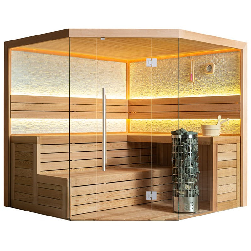 AWT E1601C Ecksauna aus roter Zeder mit Glasfront, warmer LED-Farblichtbeleuchtung und Saunaofen mit Steinkorb